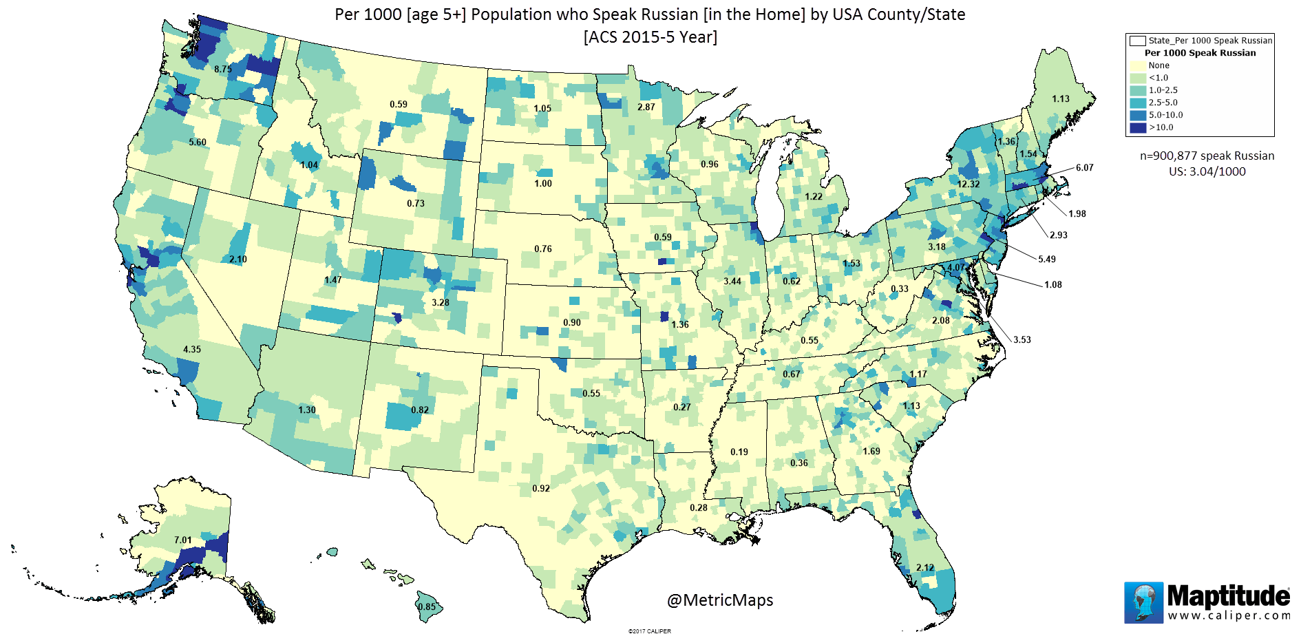 Population who speak russian by U.S. county Vivid Maps