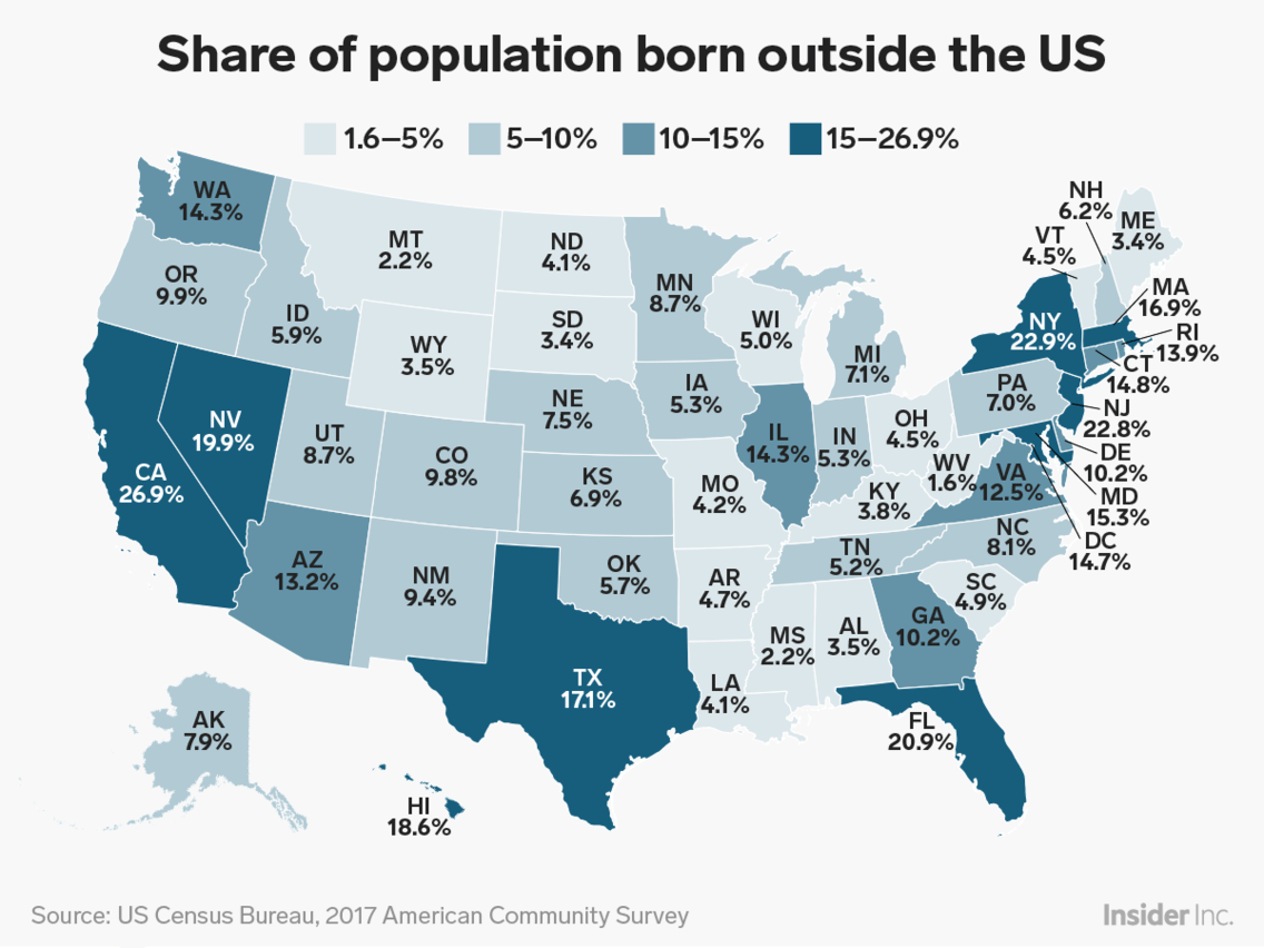 The share of the population born outside the United States Vivid Maps