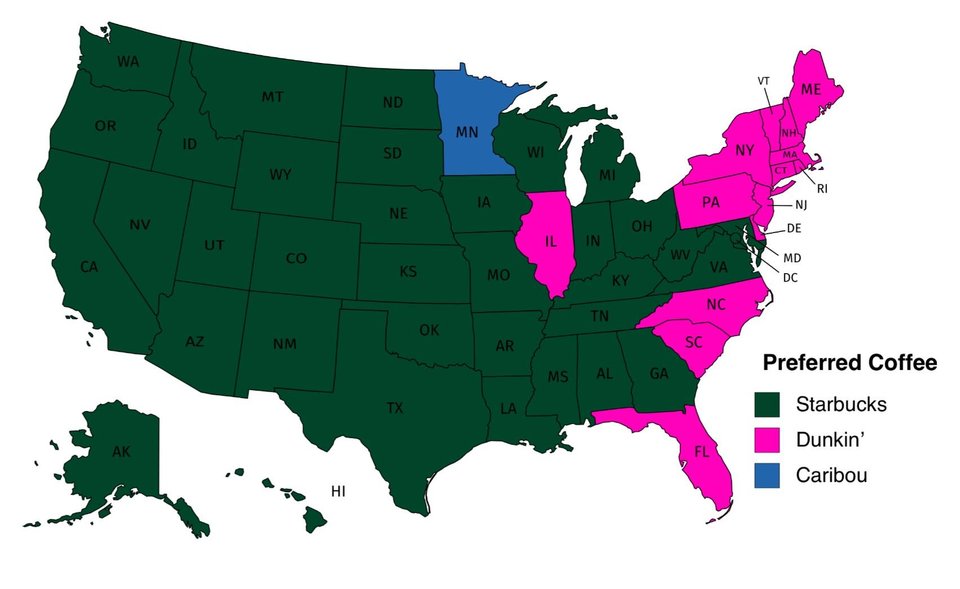 The most common coffee chain and the number of coffee shops per 100,000 in each U.S. state