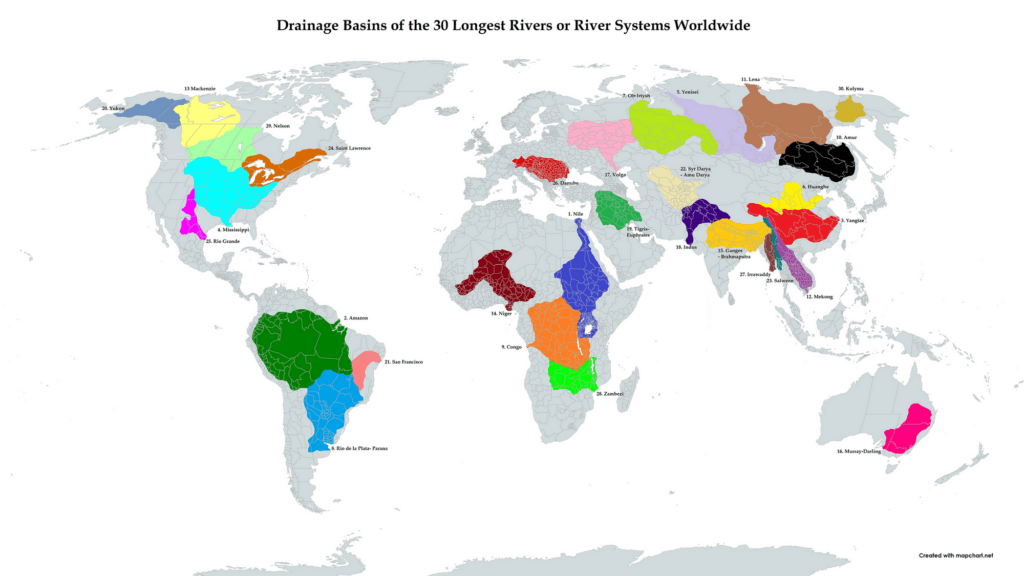 Drainage basins of the world's longest rivers Vivid Maps