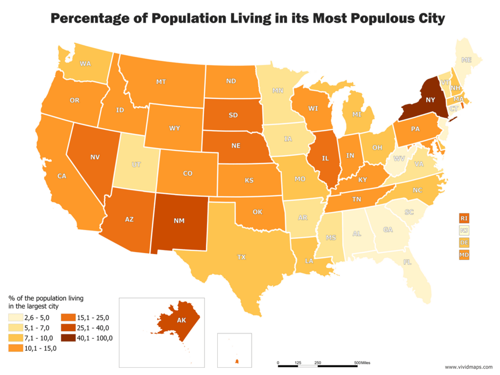 Percentage of U.S. state population living in state capital metropolitan area and its Most
