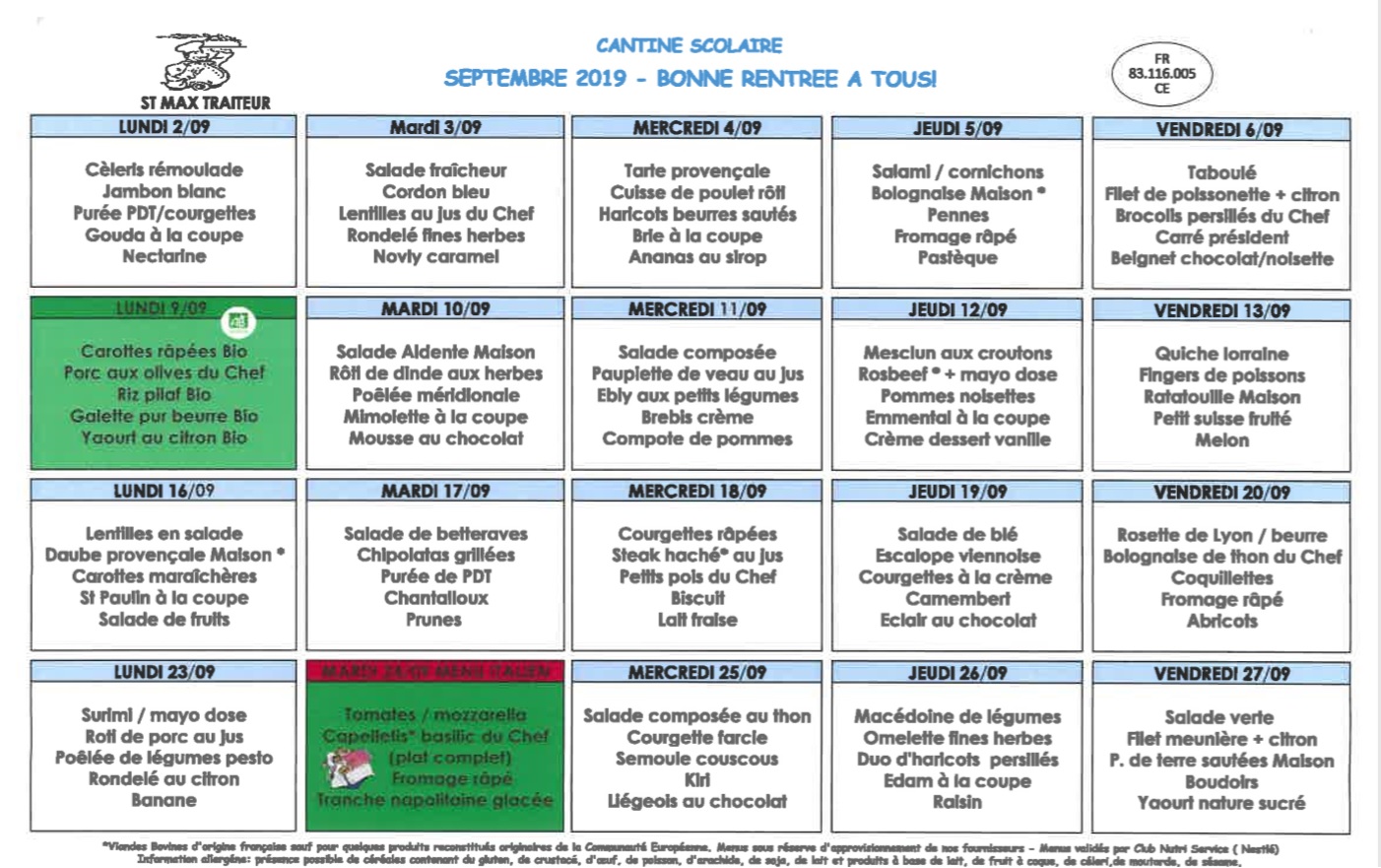 Les Difficultés Liées À La Carte Cantine Lycée Menu cantine scolaire Septembre 2019 Vivre A Seillons