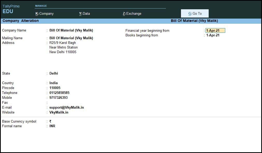 Bill of Material Entry in Tally Prime Manufacturing Entry in Tally