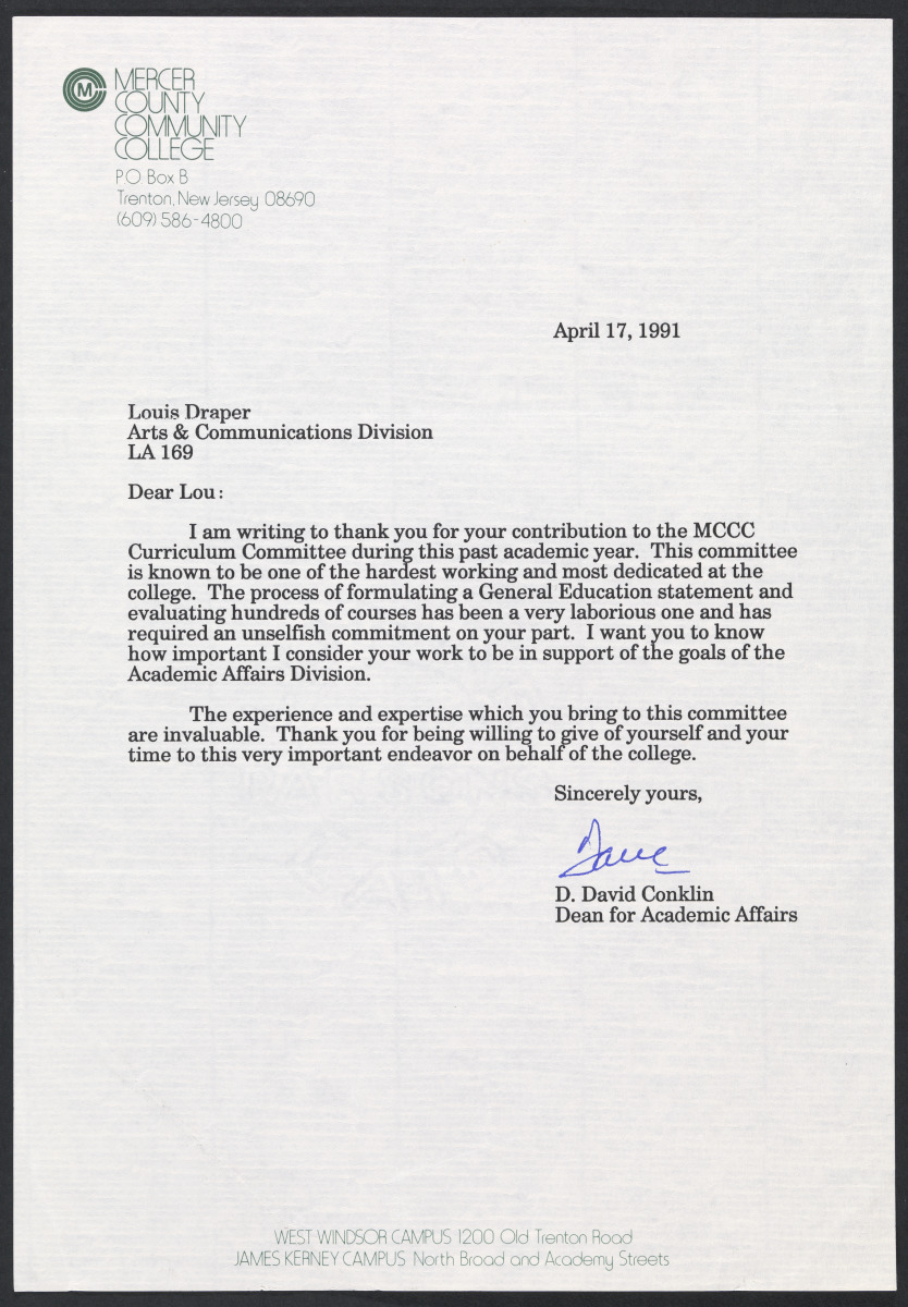 Letter from D. David Conklin, Dean for Academic Affairs Virginia