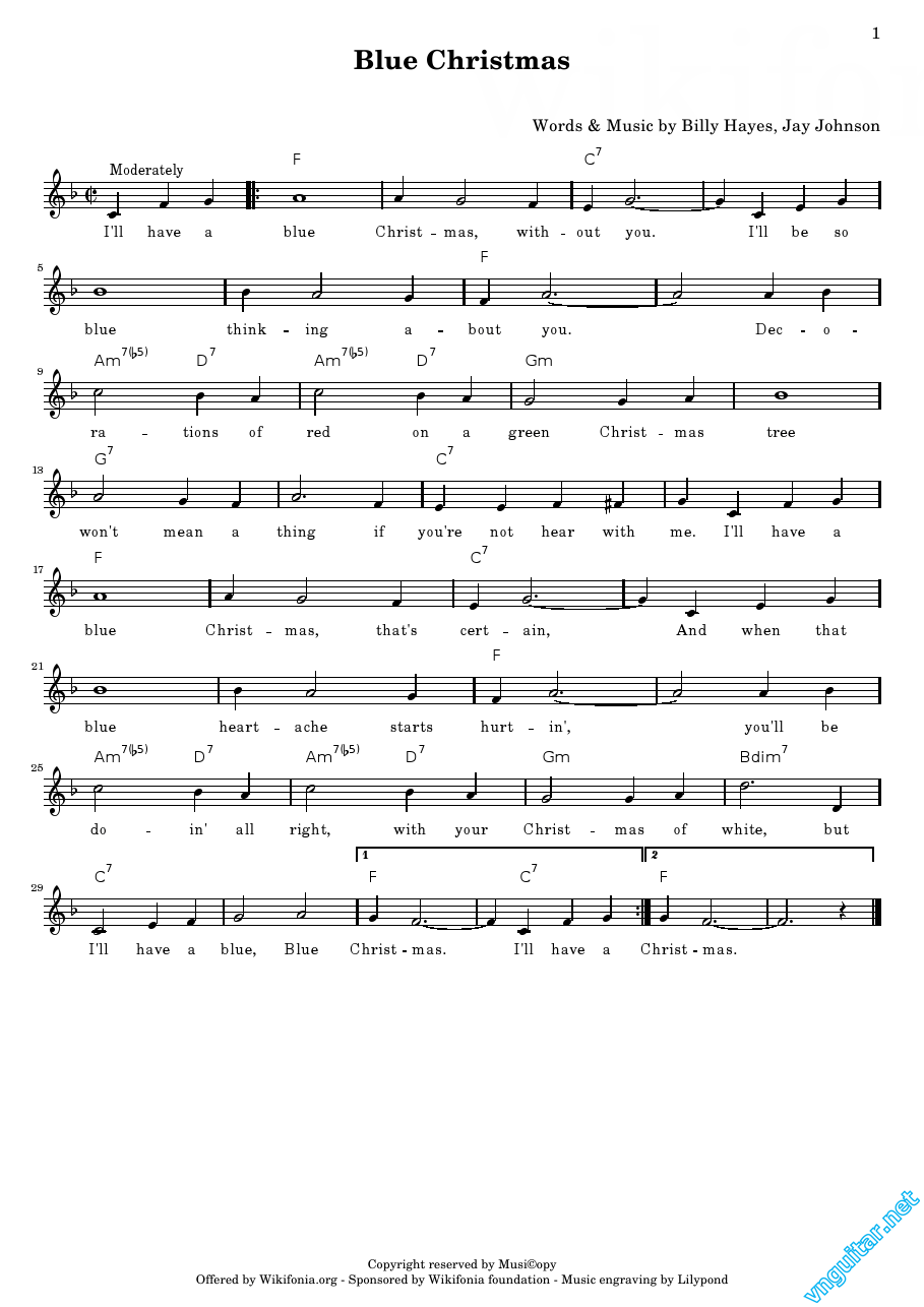 Sheet Notes & chords Blue Christmas Billy Hayes & Jay
