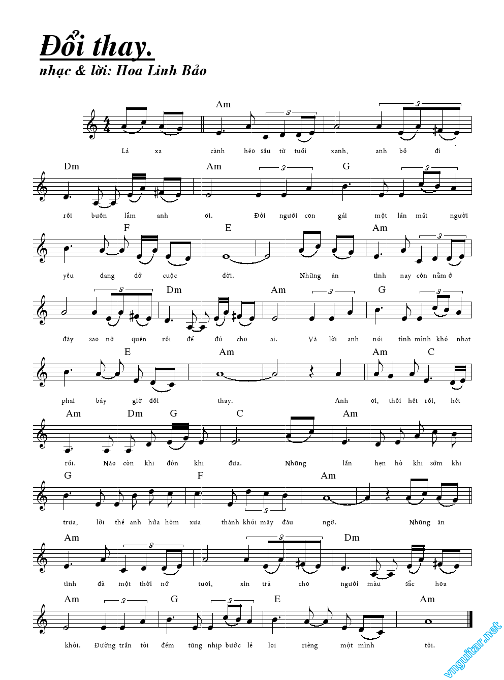 Hợp âm, nốt và lời Đổi thay Hoa Linh Bảo Sheet nhạc Nốt nhạc