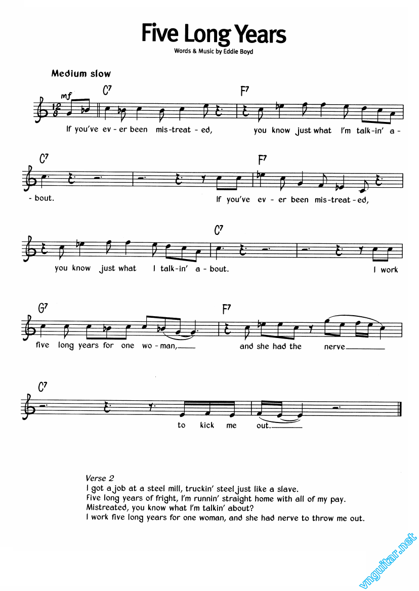 Sheet Notes & chords Five long years Eddie Boyd Sheet nhạc Nốt