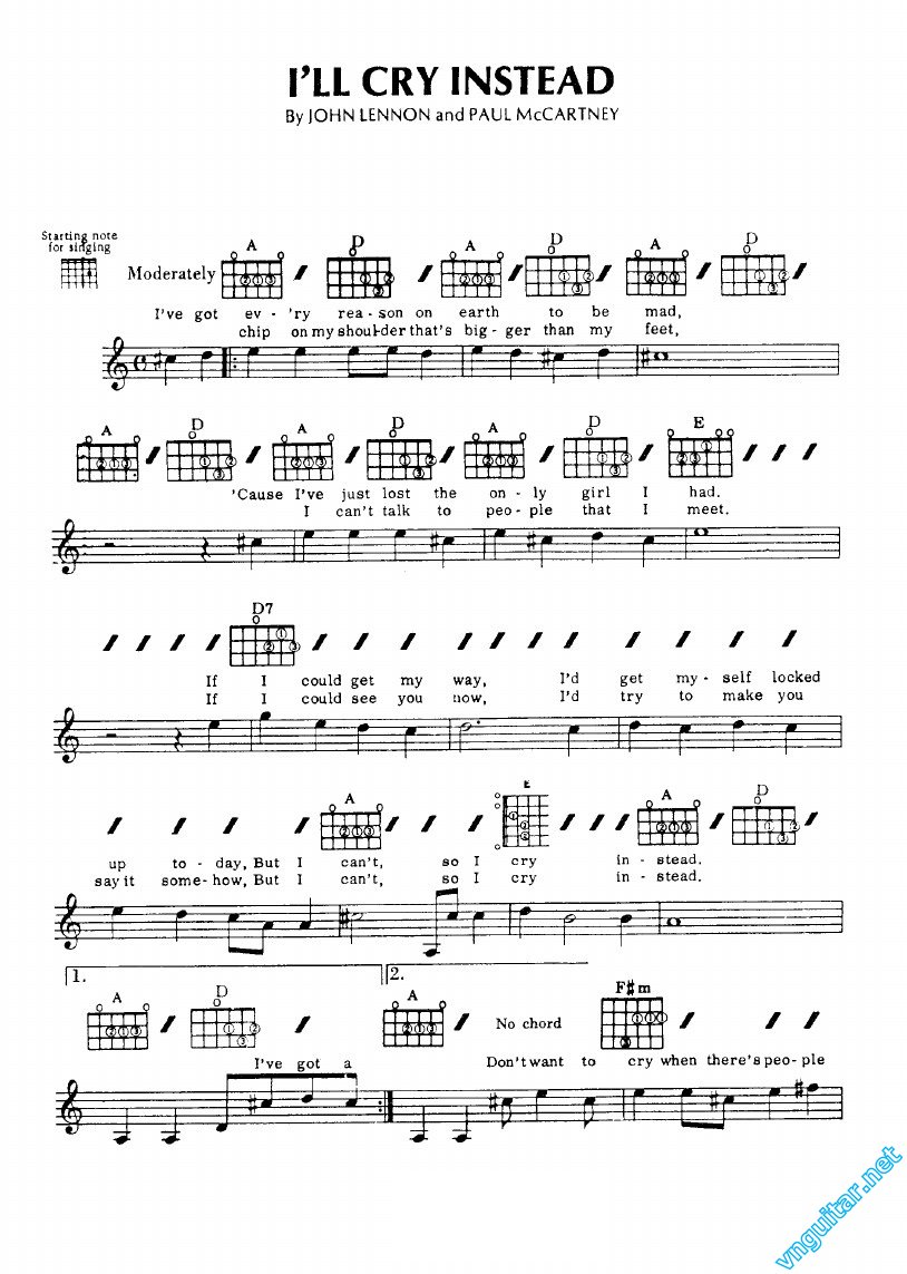 Sheet Notes & chords I'll cry instead John Lennon & Paul McCartney