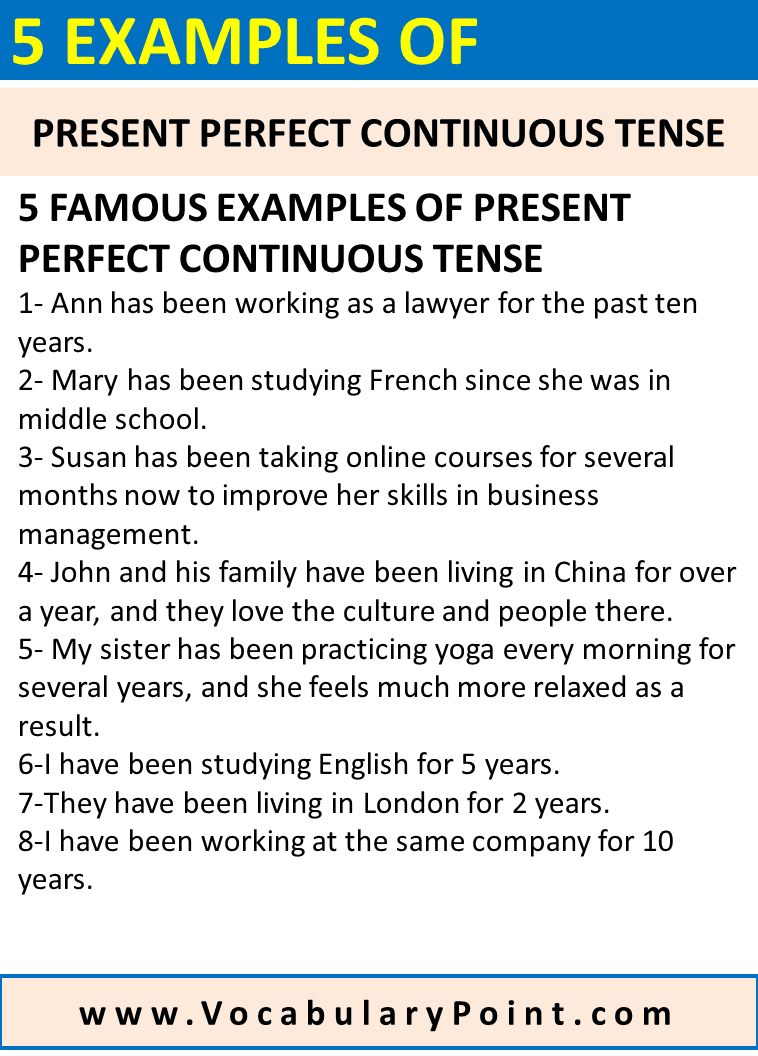5 Examples of Present Perfect Continuous Tense Vocabulary Point