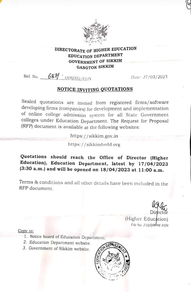 Notice Inviting Quotation For Online College Admission System Issued By