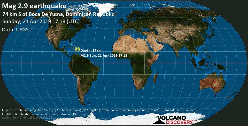 Quake info Mag. 2.9 earthquake 74km S of Boca De Yuma, Dominican