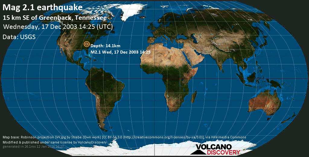 Quake Info Minor Mag. 2.1 Earthquake 15km SE of Greenback, Tennessee