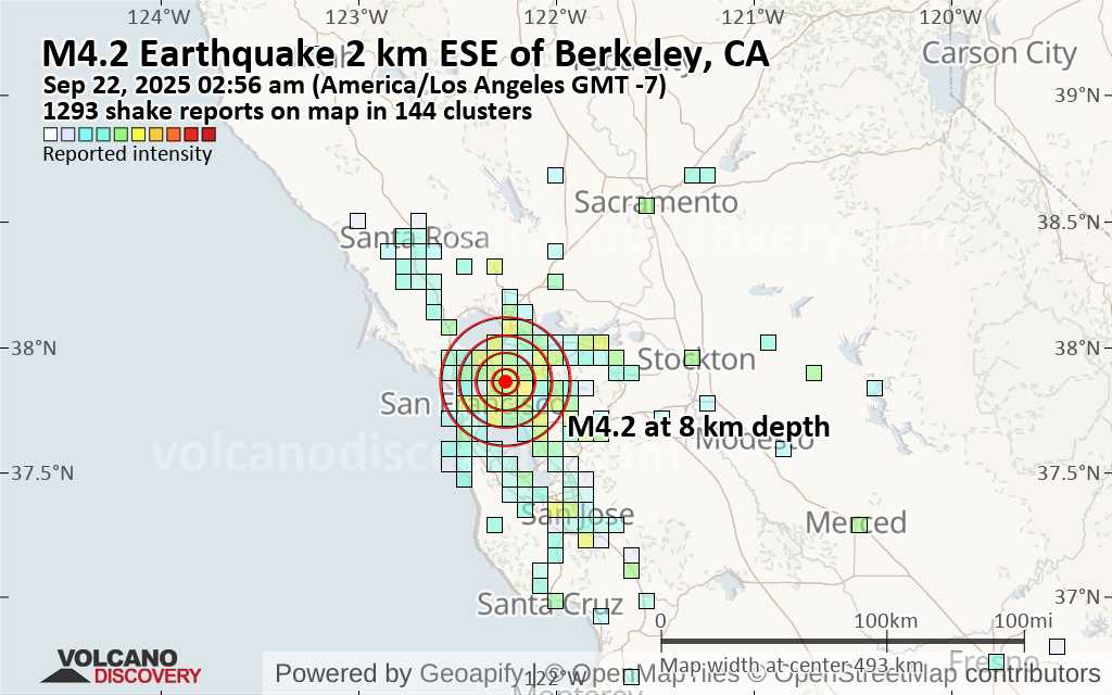 Moderate Mag. 4.2 Earthquake 2 km ESE of Berkeley, CA, on Monday, Sep
