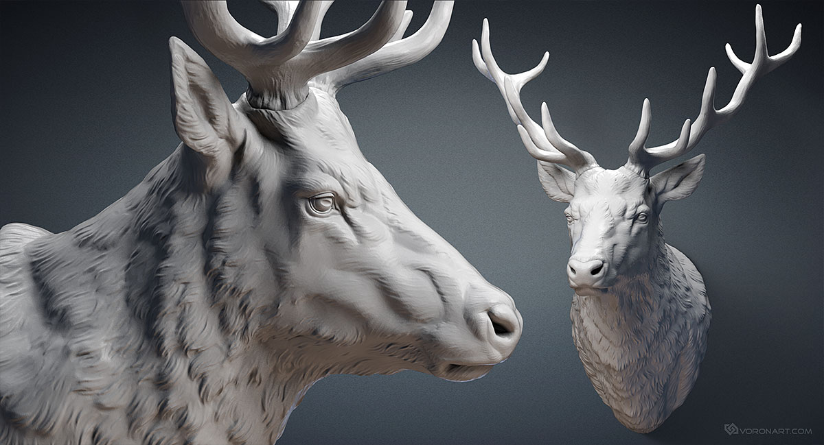 Deer stag head sculpture 3d model. For CNC, 3D printing. STL, OBJ