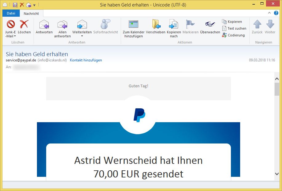 Kostenlose registrierung & einfache bedienung. Sie haben Geld erhalten von service@paypal.de (info ...