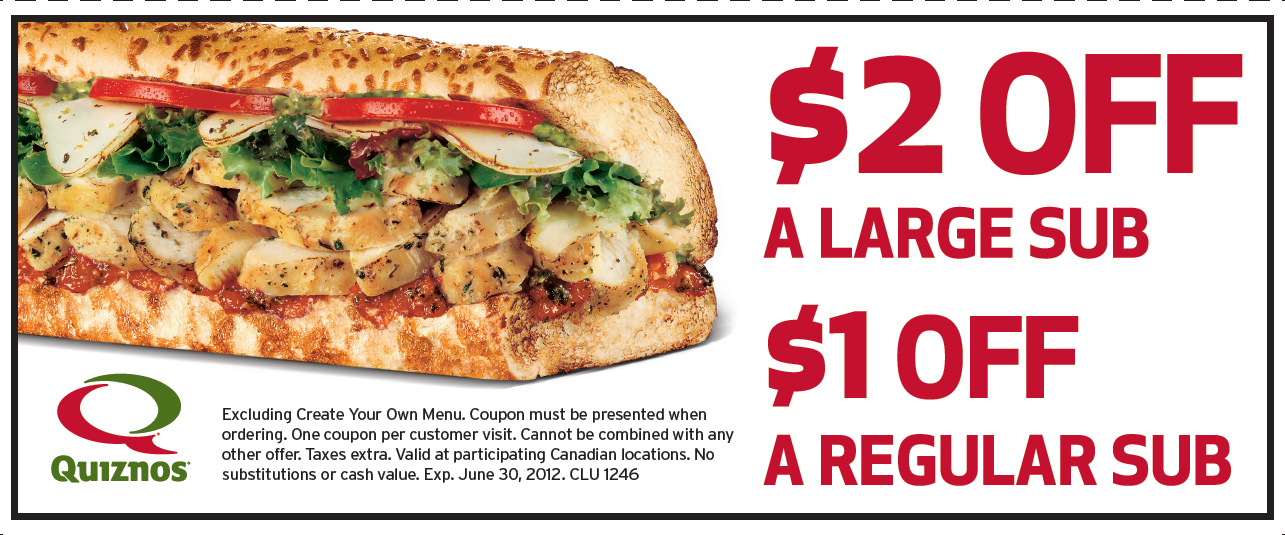 Quiznos printable coupon; 2 off a large sub or 1 off a regular sub