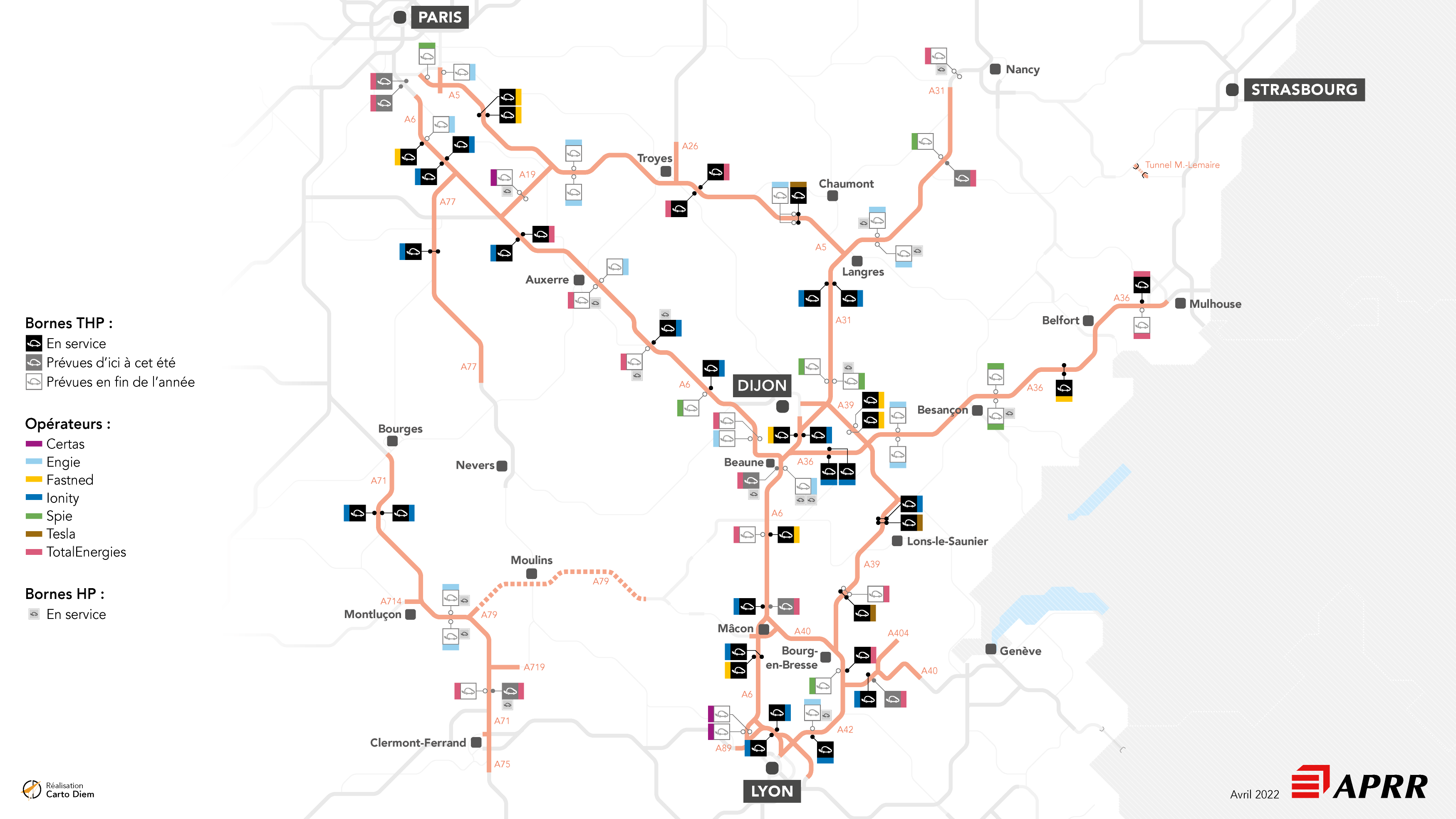 La carte des stations de recharge électrique APRR AREA