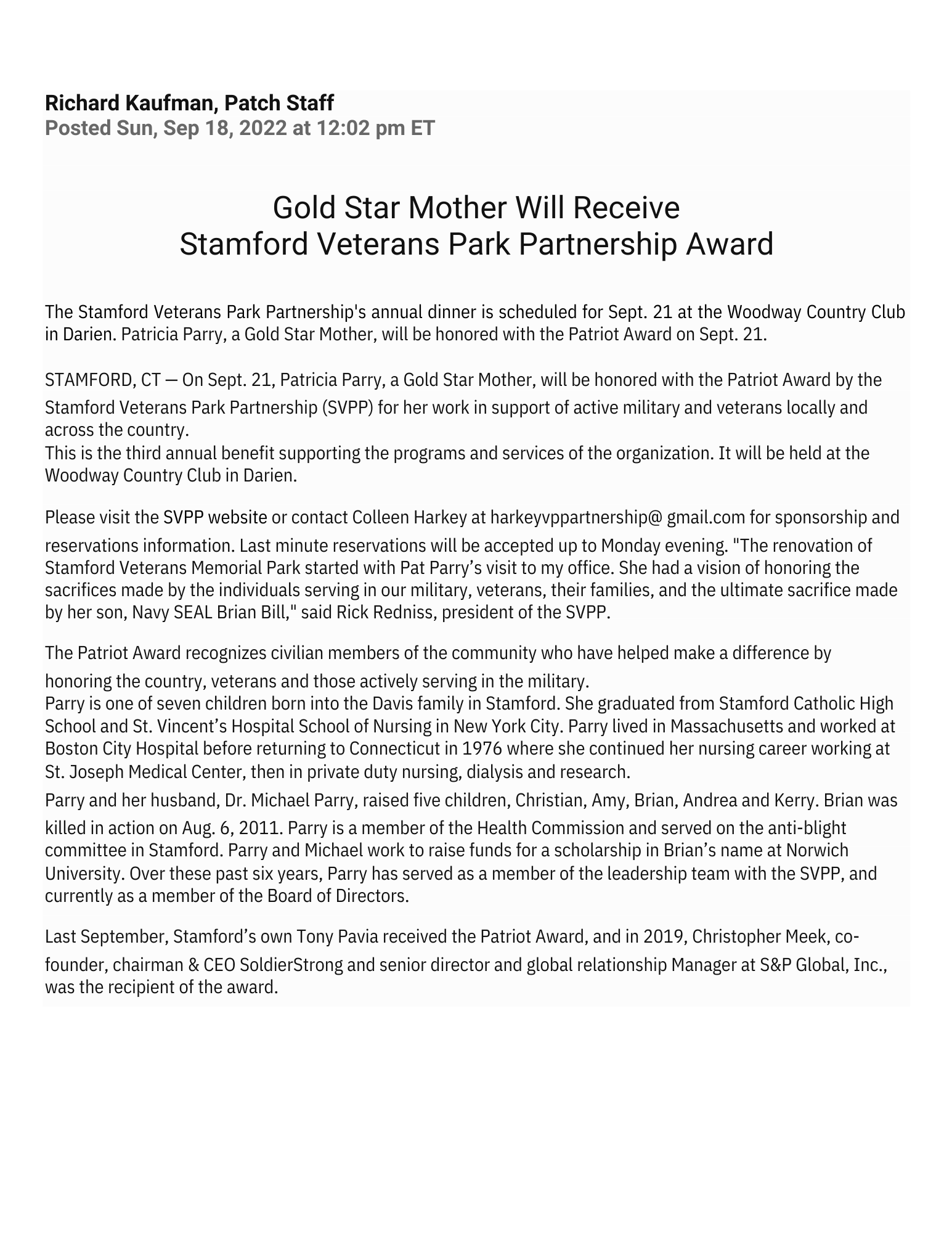 Gold Star Mother Will Receive Stamford Veterans Park Partnership Award