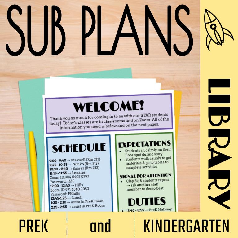 No Prep Library Sub Plans PreK and Kindergarten vr2ltch