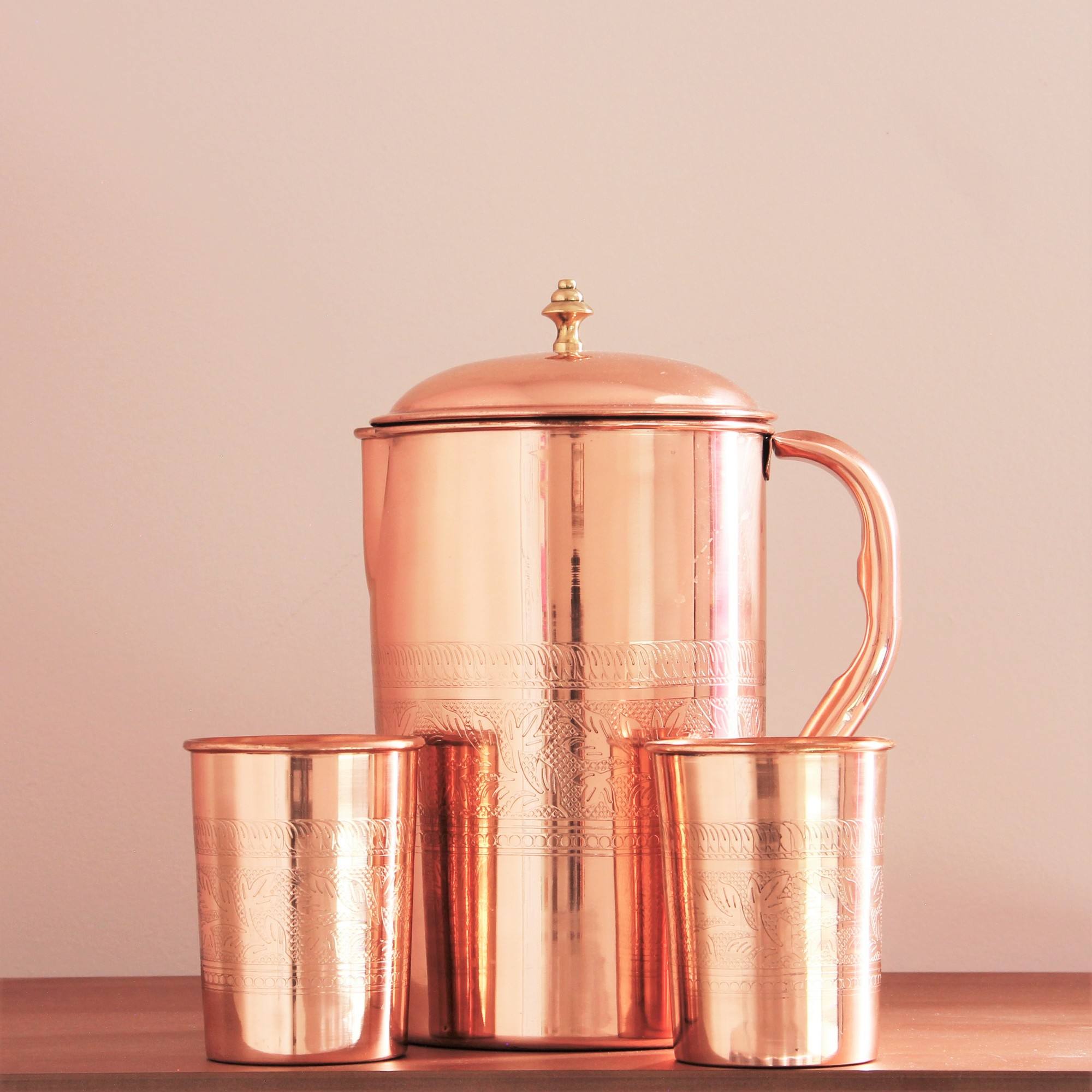 Art Engraved Pure Copper Jug Set Jug + 2 Copper Cups Vriksha Homeware