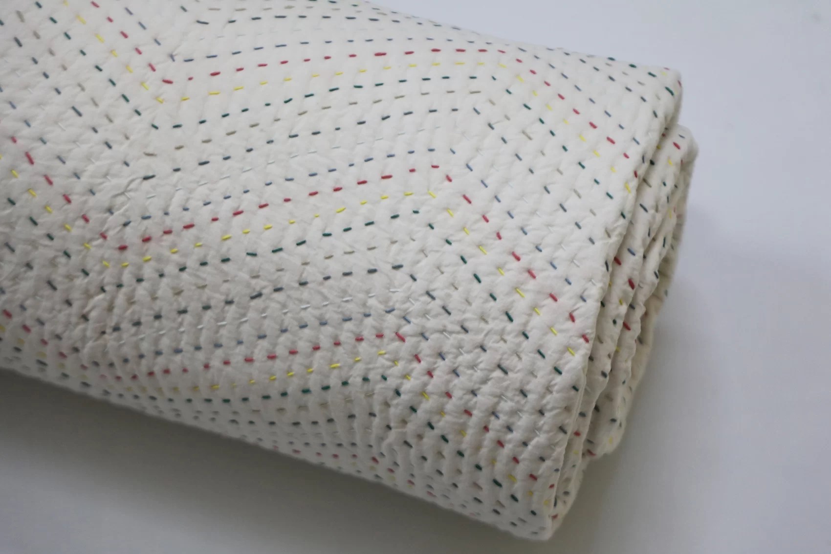 Multicolour Kantha Quilt in Off White Cotton King Size • Vritti Designs