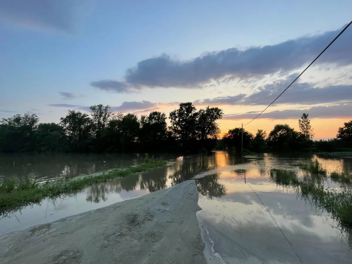 a flooded road with a telephone pole in the background.