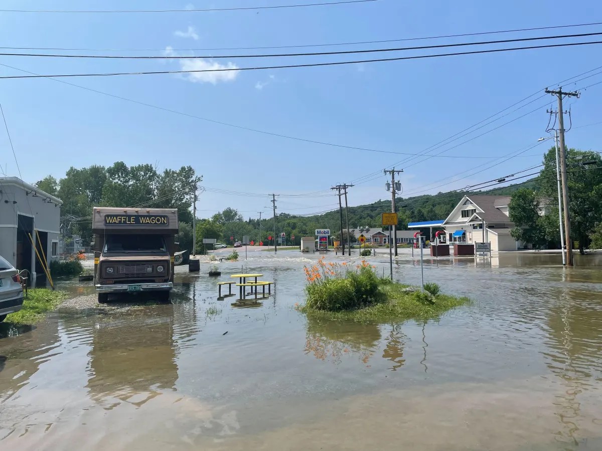 a truck is parked in a flooded street.