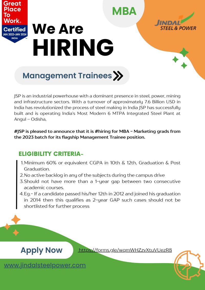 Jindal Steel & Power Ltd is hiring for Management Trainee position