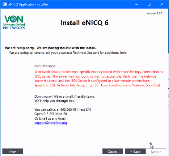 eNICQ 6 installation error A networkrelated or instancespecific