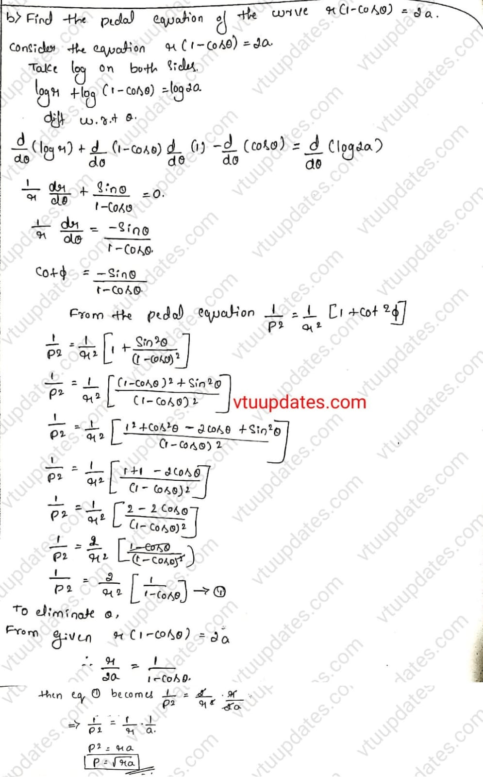 Find the pedal equation of the curve VTU Updates