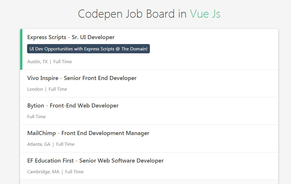 Codepen Job Board in Vue Js