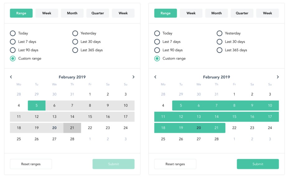 Vue.js date range picker with multiples ranges and presets