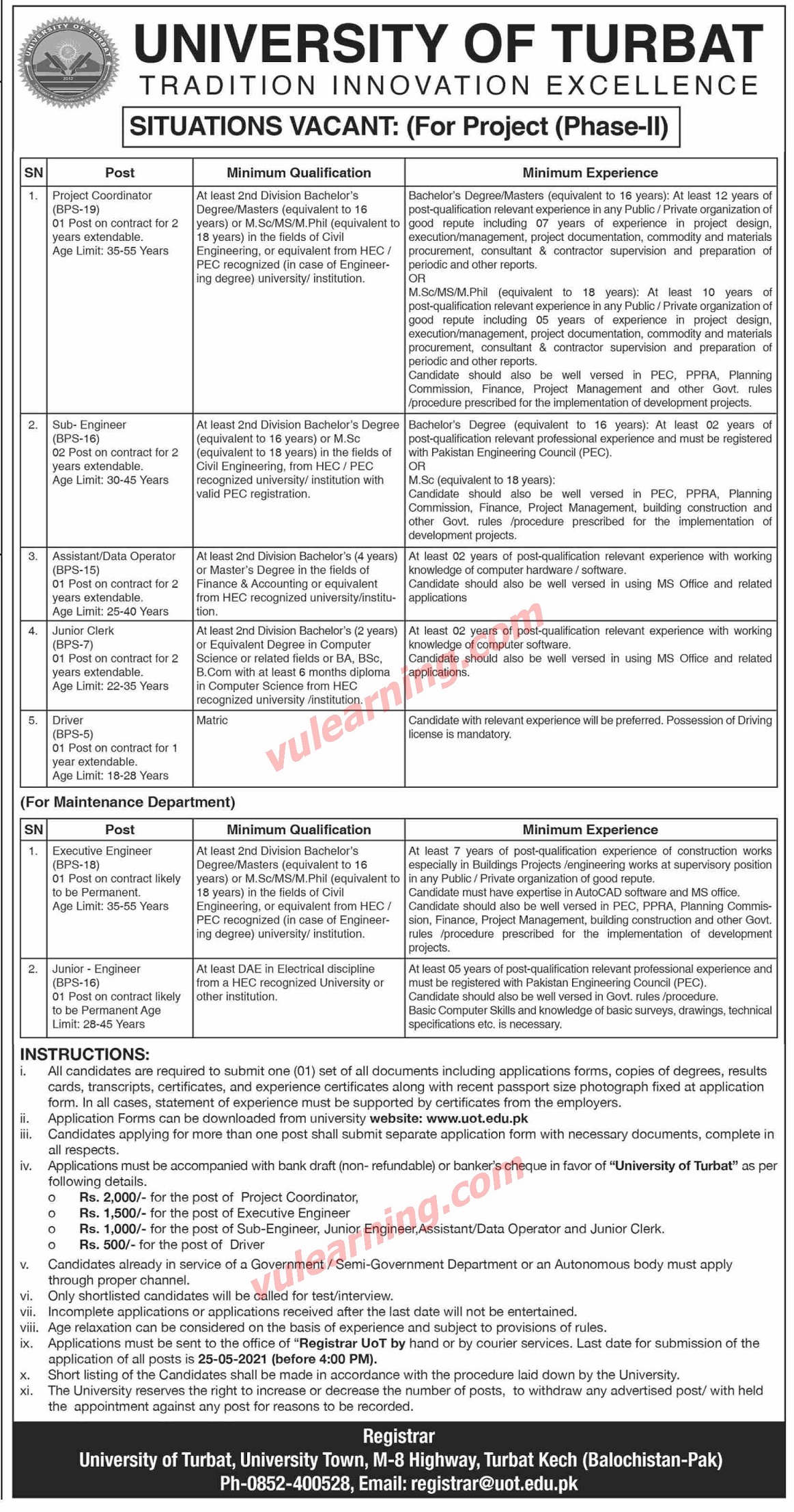 University of Turbat Jobs April 2021 Application Form Civil / Sub