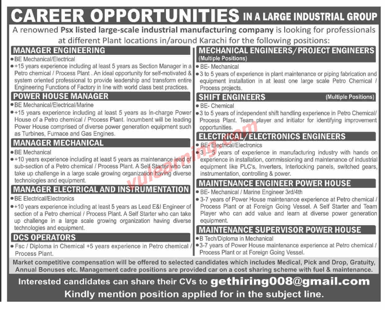 Advertisement of Renowned Industrial Manufacturing Company Jobs 2021