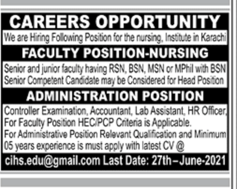 Nursing Institute in Karachi Jobs 2021 for Teaching Faculty & Administrative Staff Latest