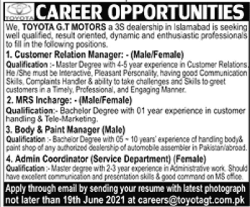 Toyota G.T Motors Islamabad Jobs 2021 for Customer Relation Manager