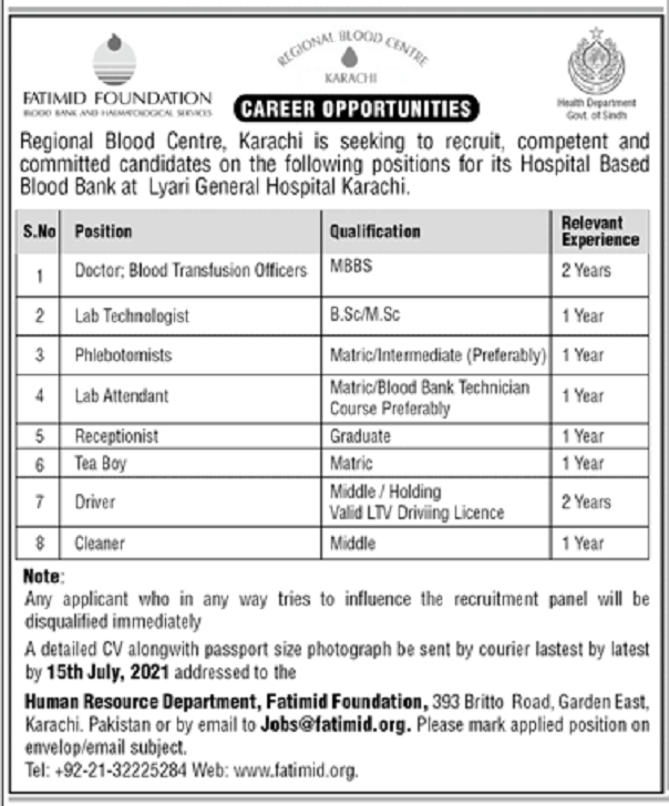 Fatimid Foundation Regional Blood Centre Karachi Jobs 2021 for Doctor