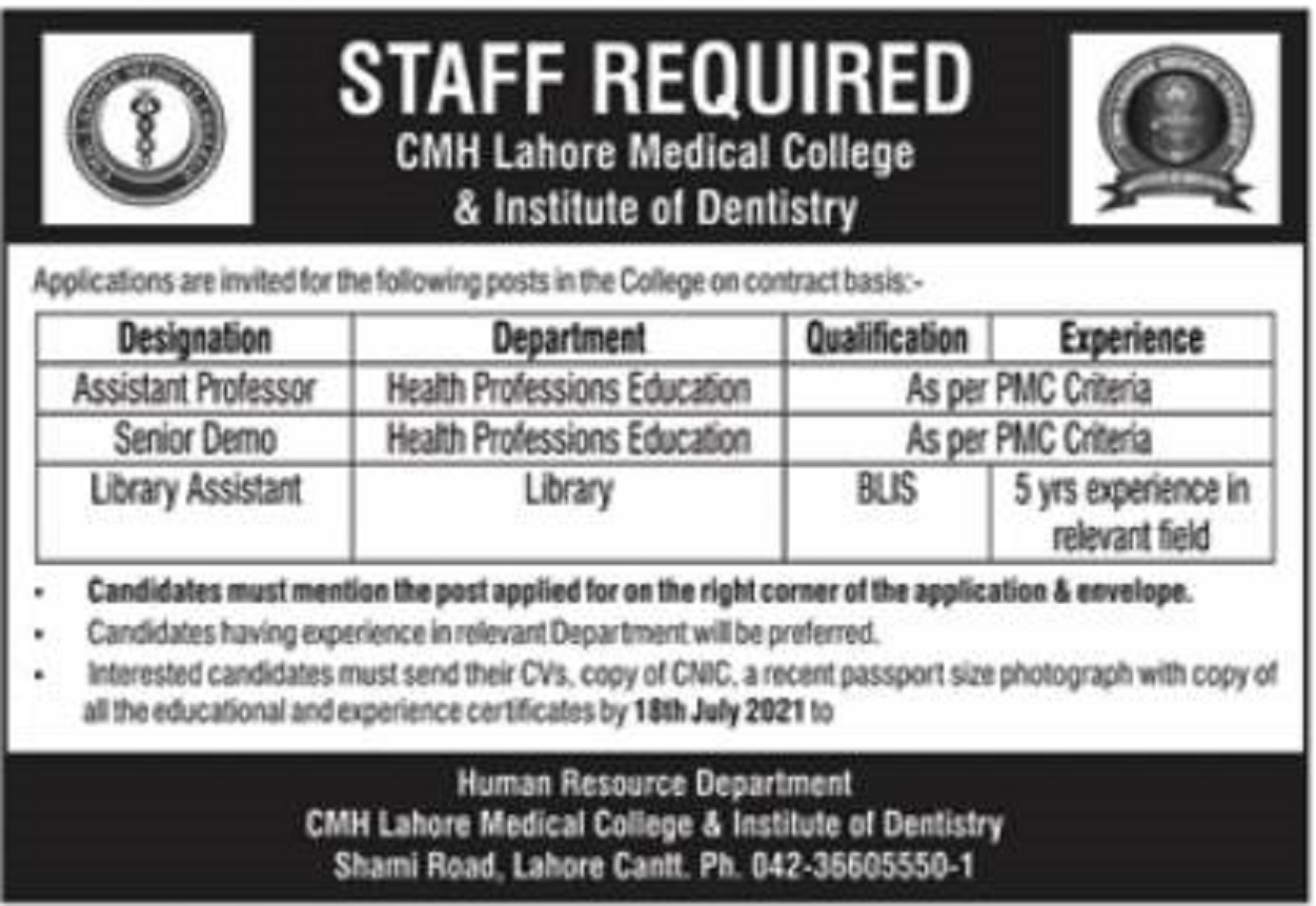 Advertisement of CMH Lahore Medical College and Institute of Dentistry