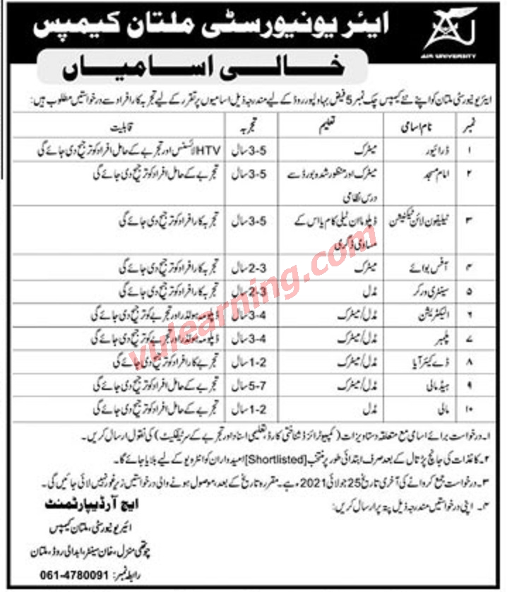 Air University Multan Campus Jobs 2021 for Driver, Technician, Office