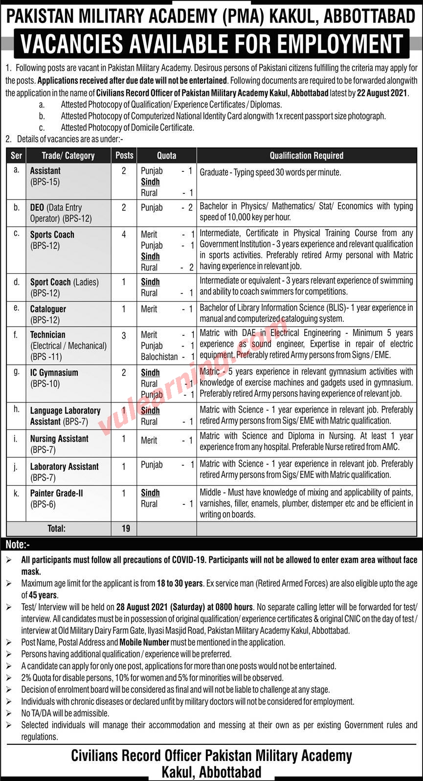 Advertisement of Pakistan Military Academy PMA Kakul Abbottabad Jobs 2021 for Assistants, Sports