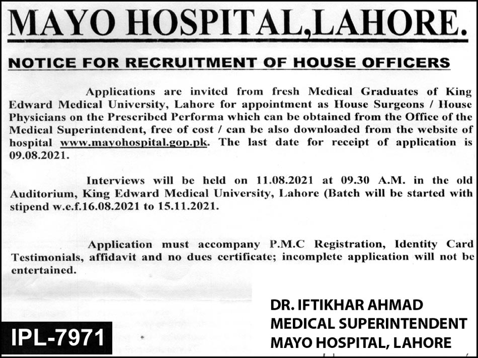 Mayo Hospital Lahore Jobs August 2021 for House Officers (House