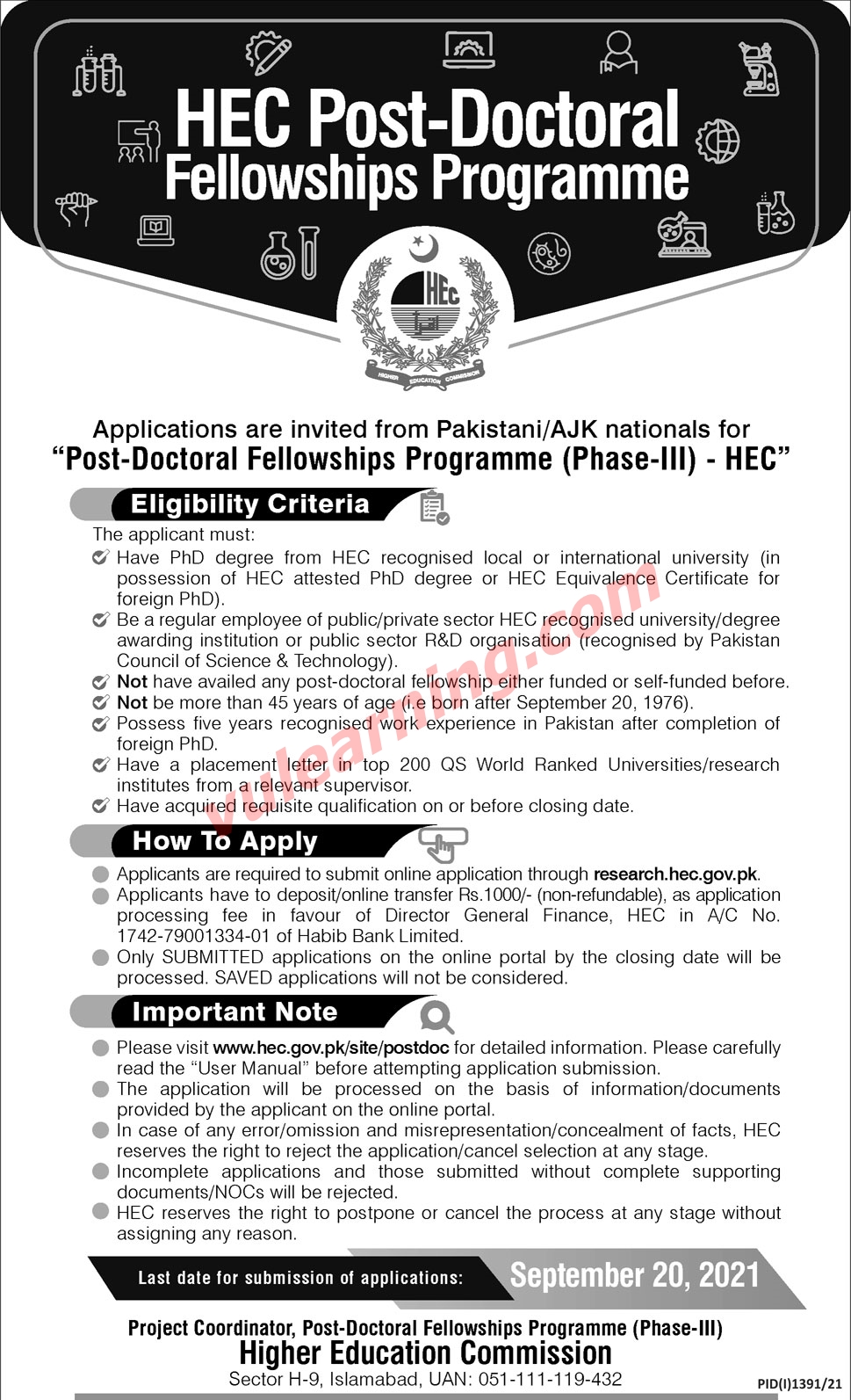 HEC PostDoctoral Fellowships Programme 2021 Phase III Apply Online