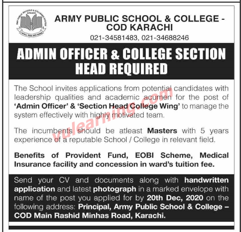 Advertisement of Army Public School & College COD Karachi Jobs 2020 for