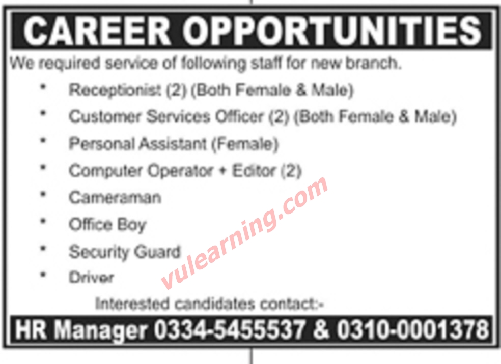 Advertisement of An Organization New Branch Jobs 2020 for Receptionists