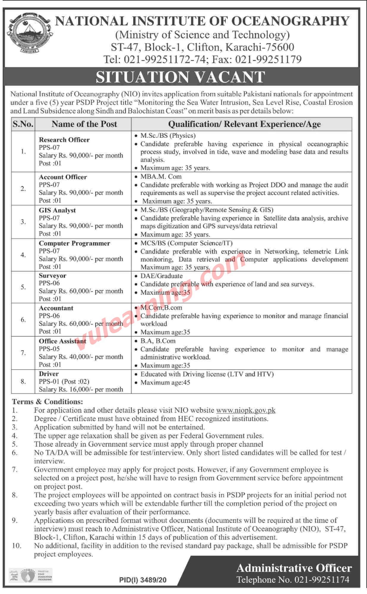National Institute of Oceanography (NIO) Karachi Jobs 2021 for Research