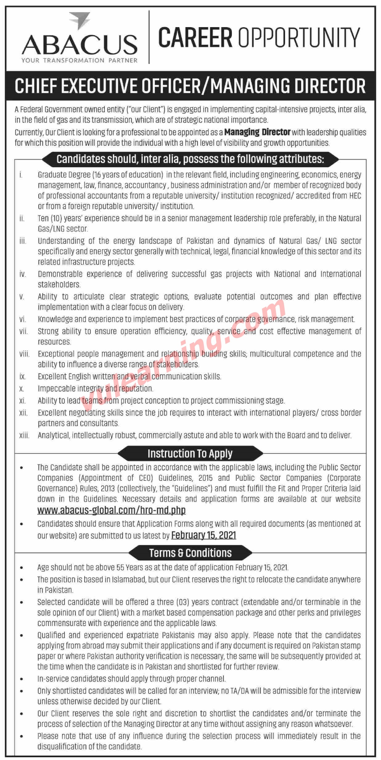 Advertisement of Abacus Jobs 2021 for Chief Executive Officer (CEO