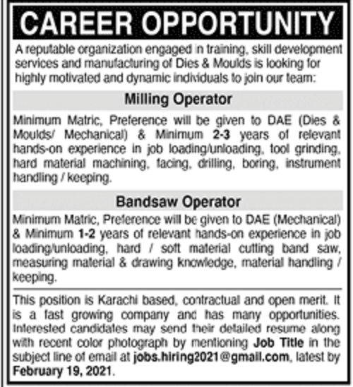Reputable Organization Jobs 2021 for Milling Operator & Bandsaw Operator Latest