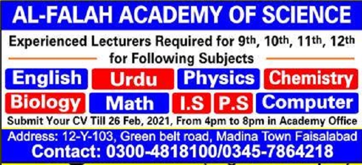 AlFalah Academy of Science Faisalabad Jobs 2021 for Lecturers Latest