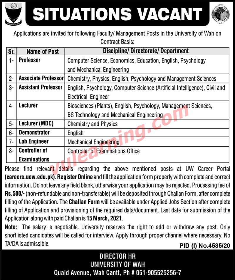 Advertisement of University of Wah Jobs 2021 for Lecturers, Assistant
