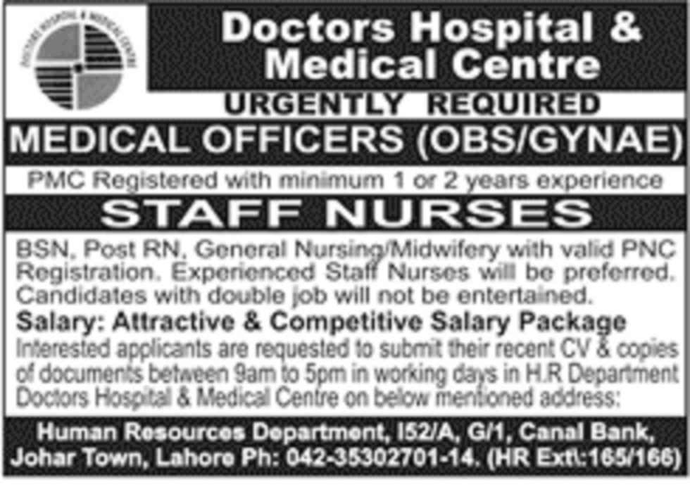 Doctors Hospital & Medical Centre Lahore Jobs 2021 for Staff Nurses